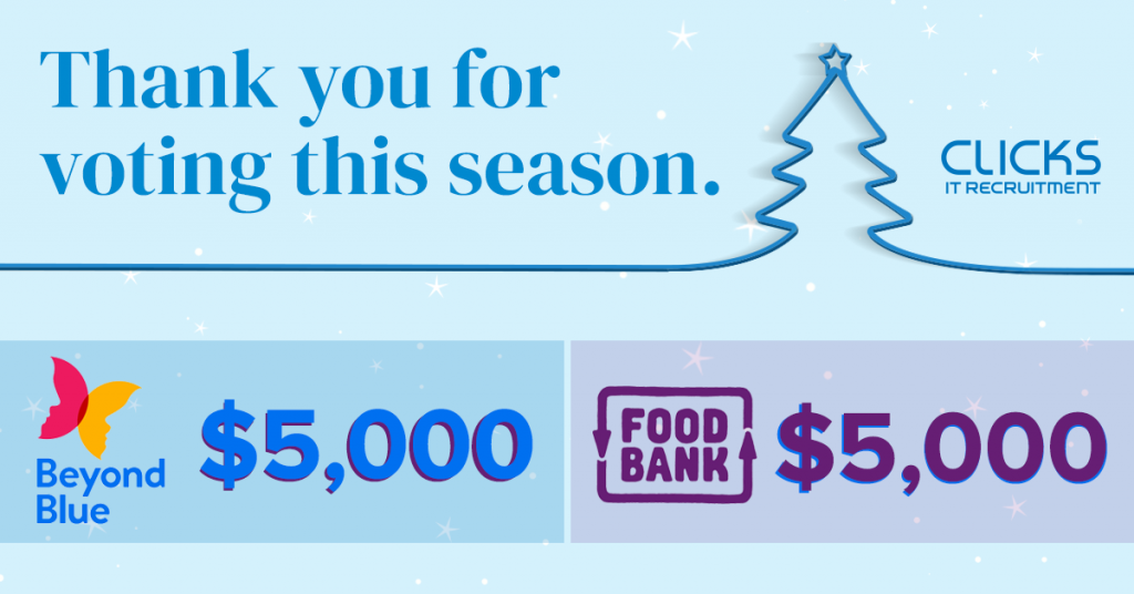 Graphic that reads 'thank you voting this season' with Clicks IT Recruitment logo. Below is logo of Beyond Blue and $5000 next to logo of Foodbank and $5000